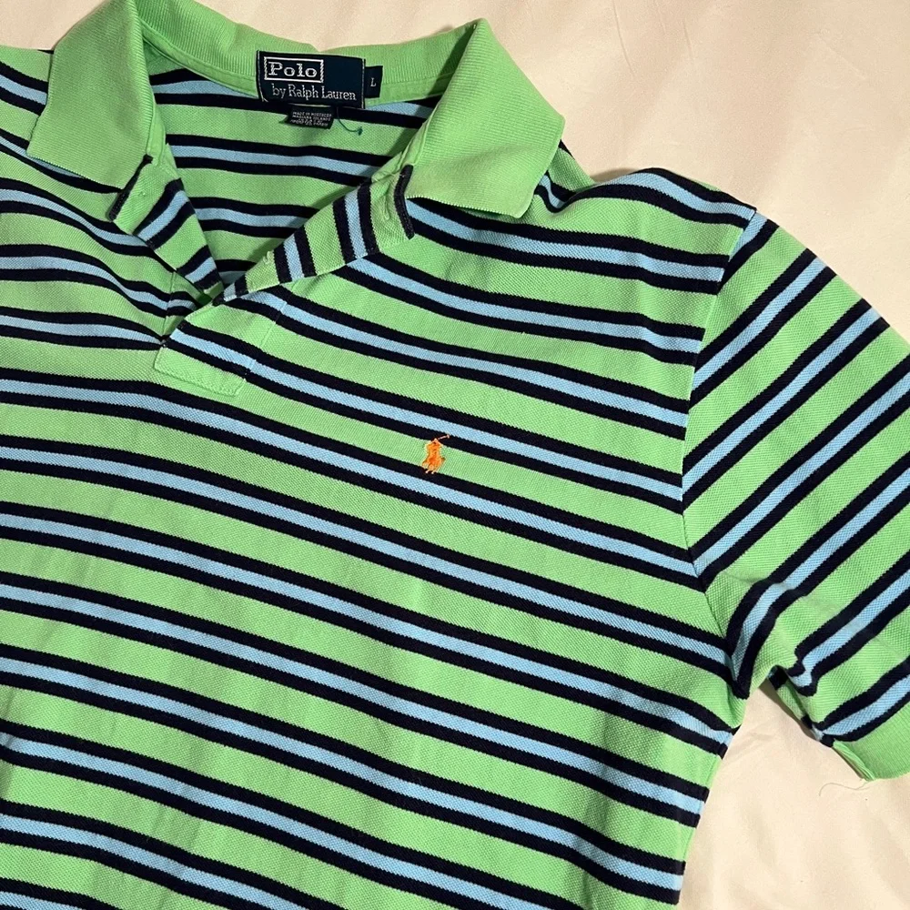 Vintage Polo Ralph‎ Lauren Men’s Large Green Blue Striped Polo Shirt